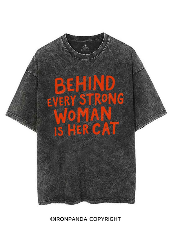 BEHIND EVERY STRONG WOMAN IS HER CAT VINTAGE GYM SHIRT