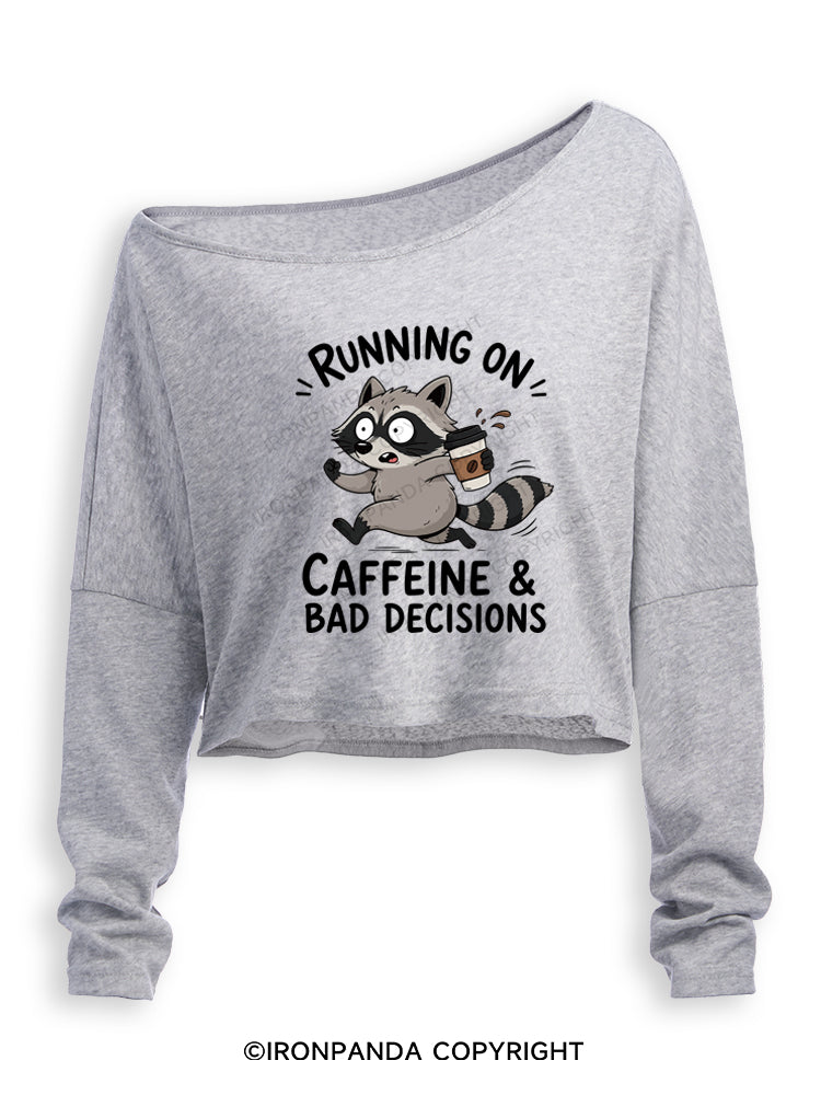 Running On Caffeine And Bad Decisions Funny Raccoon Off Shoulder Long Sleeve Crop Top