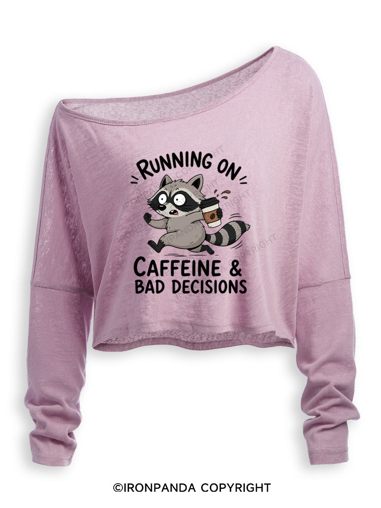 Running On Caffeine And Bad Decisions Funny Raccoon Off Shoulder Long Sleeve Crop Top