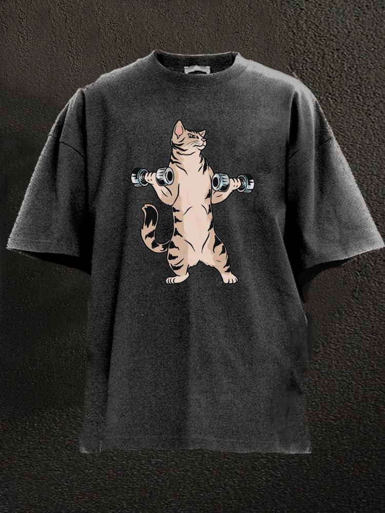 Weightlifting Cat Washed Gym Shirt