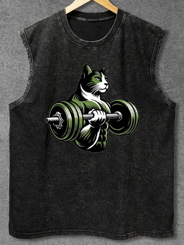 Bodybuilding cat lover Washed Gym Tank