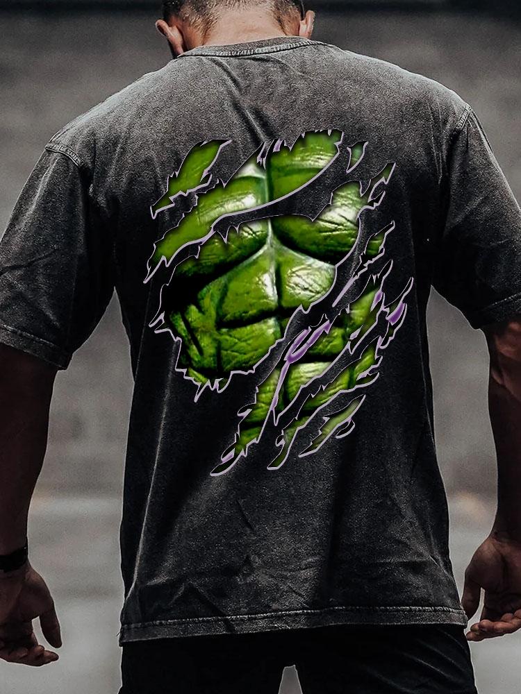 GREEN ABS back printed Washed Gym Shirt