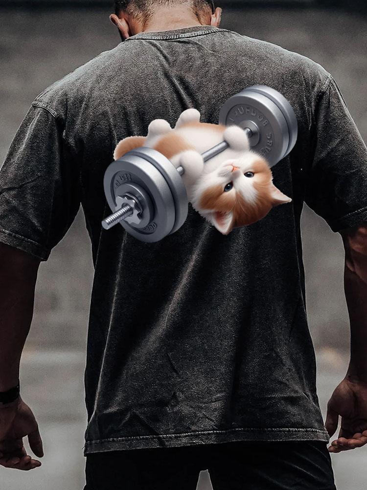 CAT UNDER THE BAR back printed Washed Gym Shirt