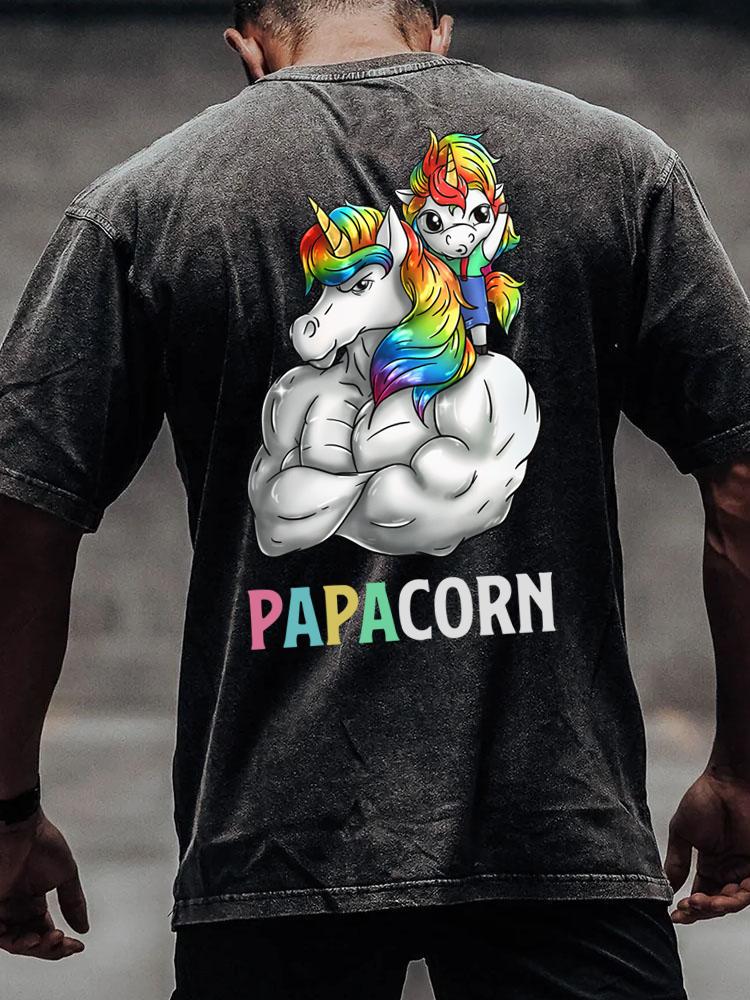 PAPACORN MUSCULAR UNICORN back printed Washed Gym Shirt