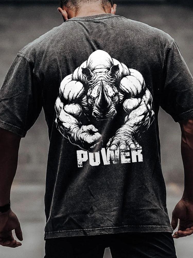 power rhino back printed Washed Gym Shirt