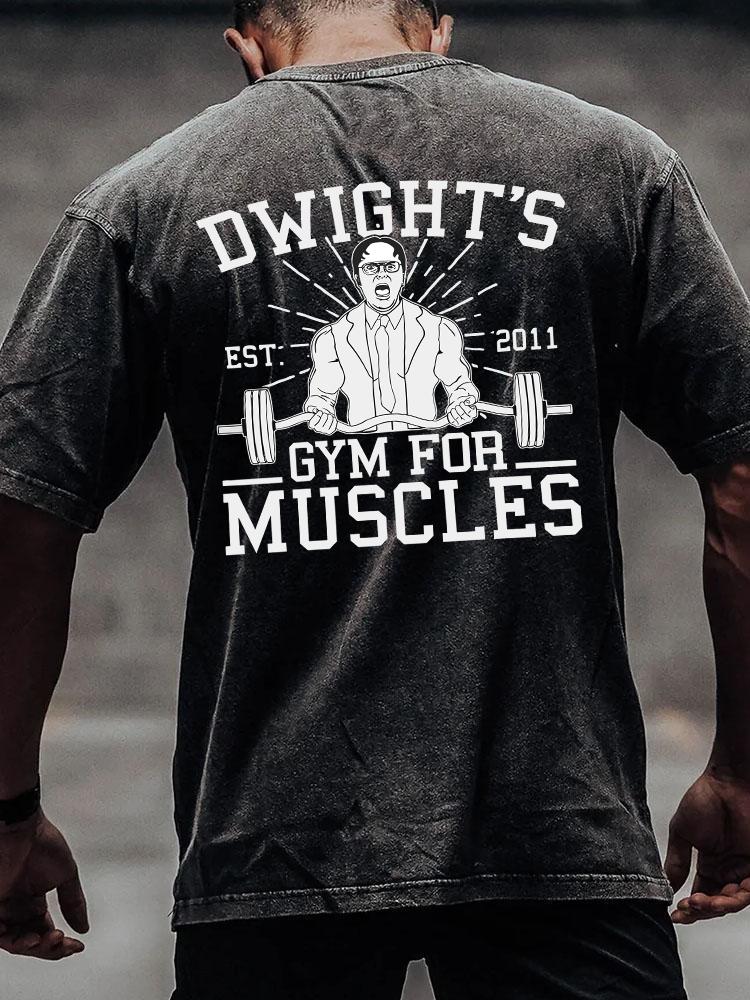 DWIGHT'S GYM FOR MUSCLES back printed Washed Gym Shirt