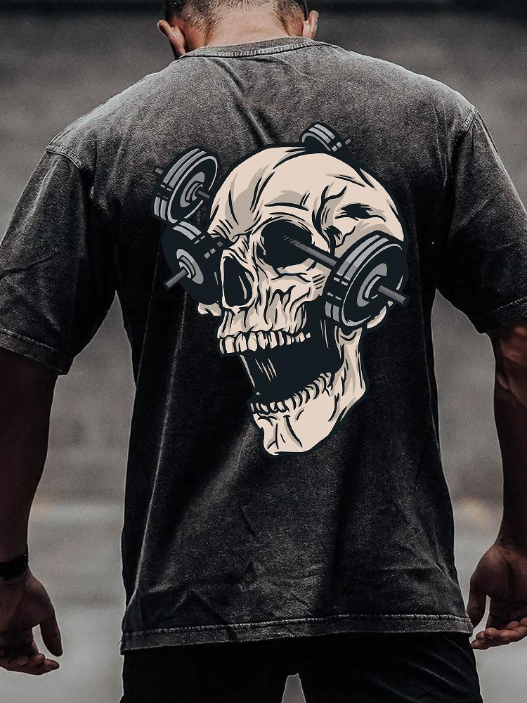 BARBELL SKULL back printed Washed Gym Shirt
