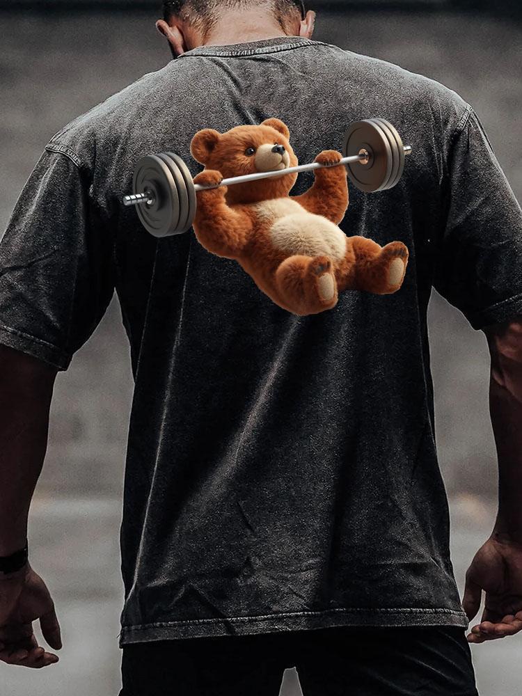 BENCH PRESS BEAR back printed Washed Gym Shirt