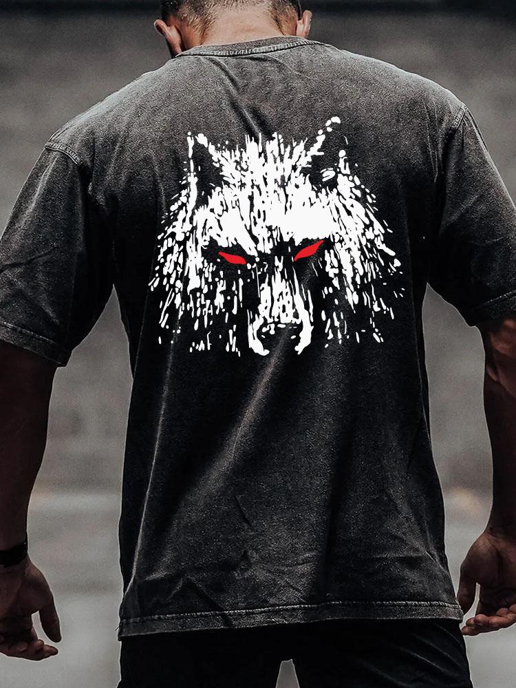 WOLF WASHED back printed Washed Gym Shirt