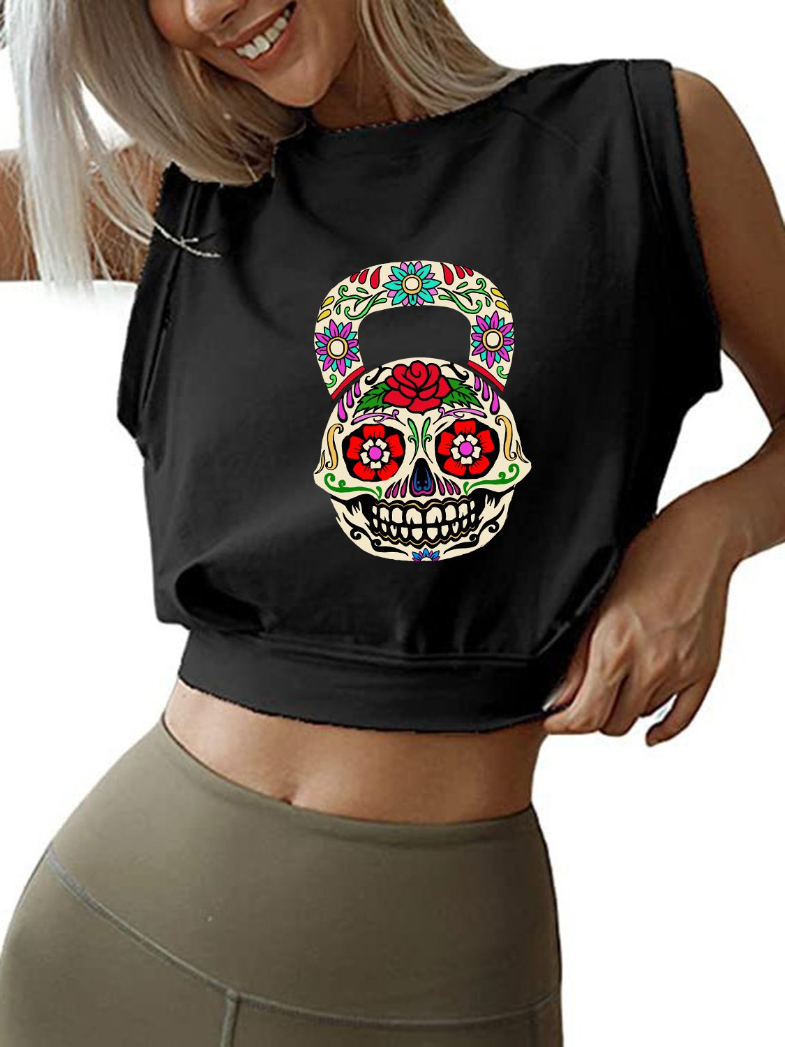 DIA DE LOS MUERTOS KETTLEBEL Sleeveless Crop Tops