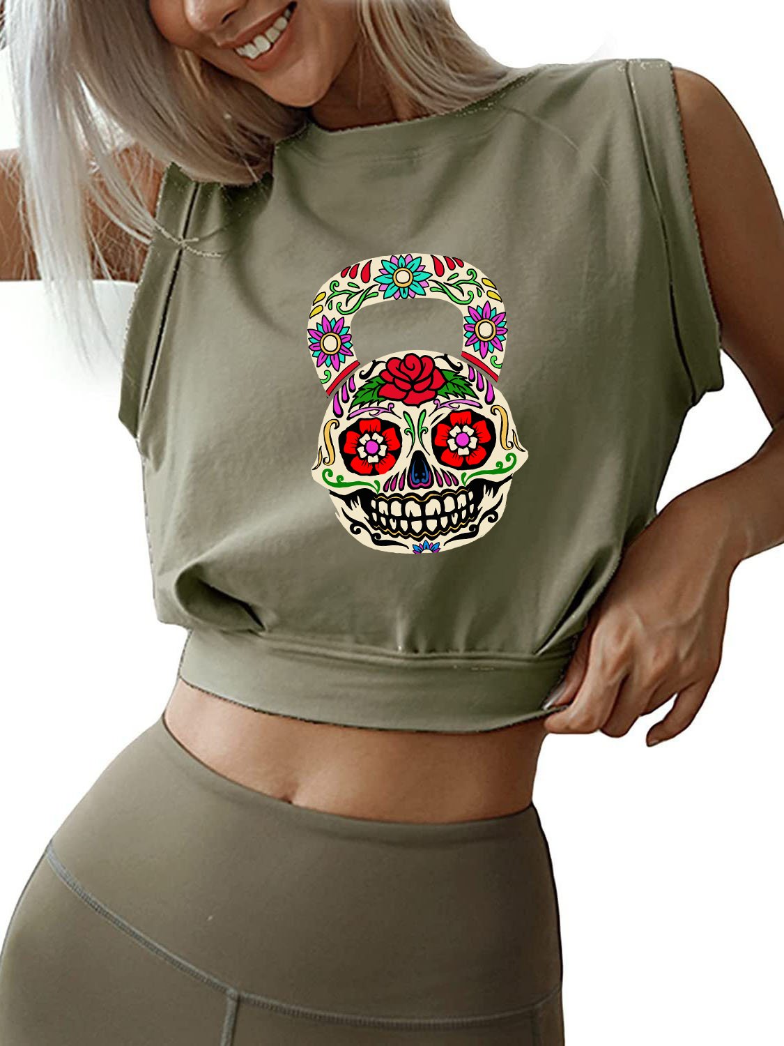 DIA DE LOS MUERTOS KETTLEBEL Sleeveless Crop Tops