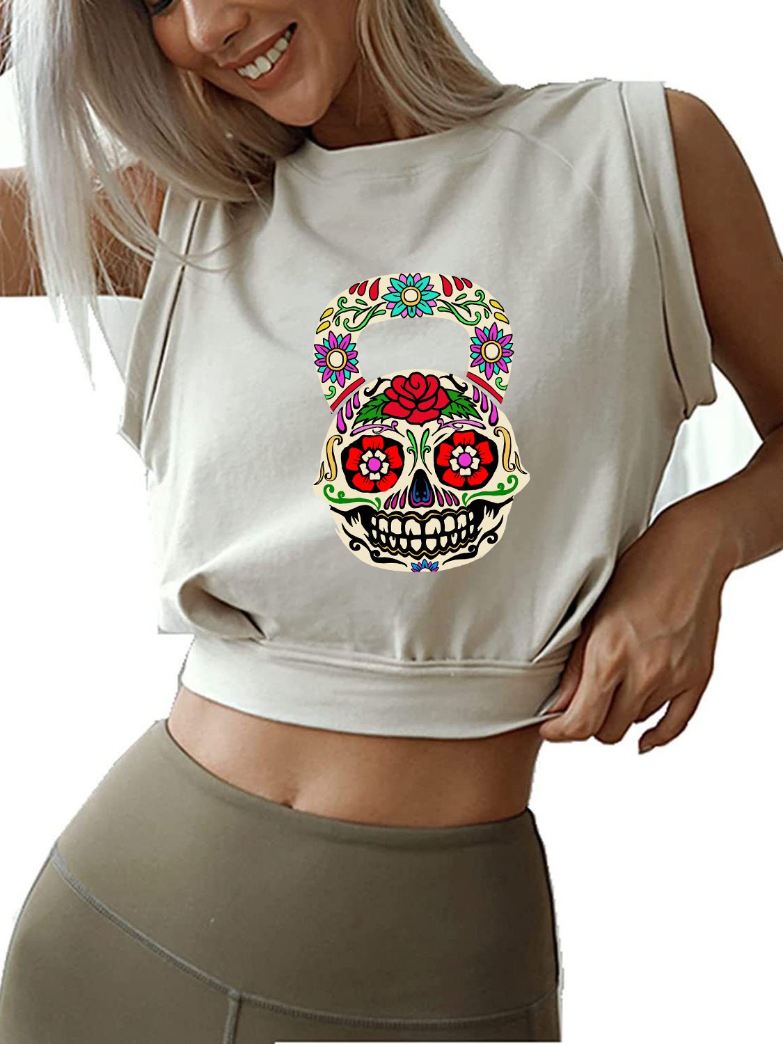 DIA DE LOS MUERTOS KETTLEBEL Sleeveless Crop Tops