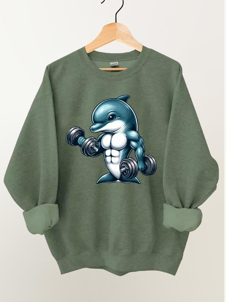 Dumbbell Weightlifting Muscular Dolphin Gym Sweatshirt