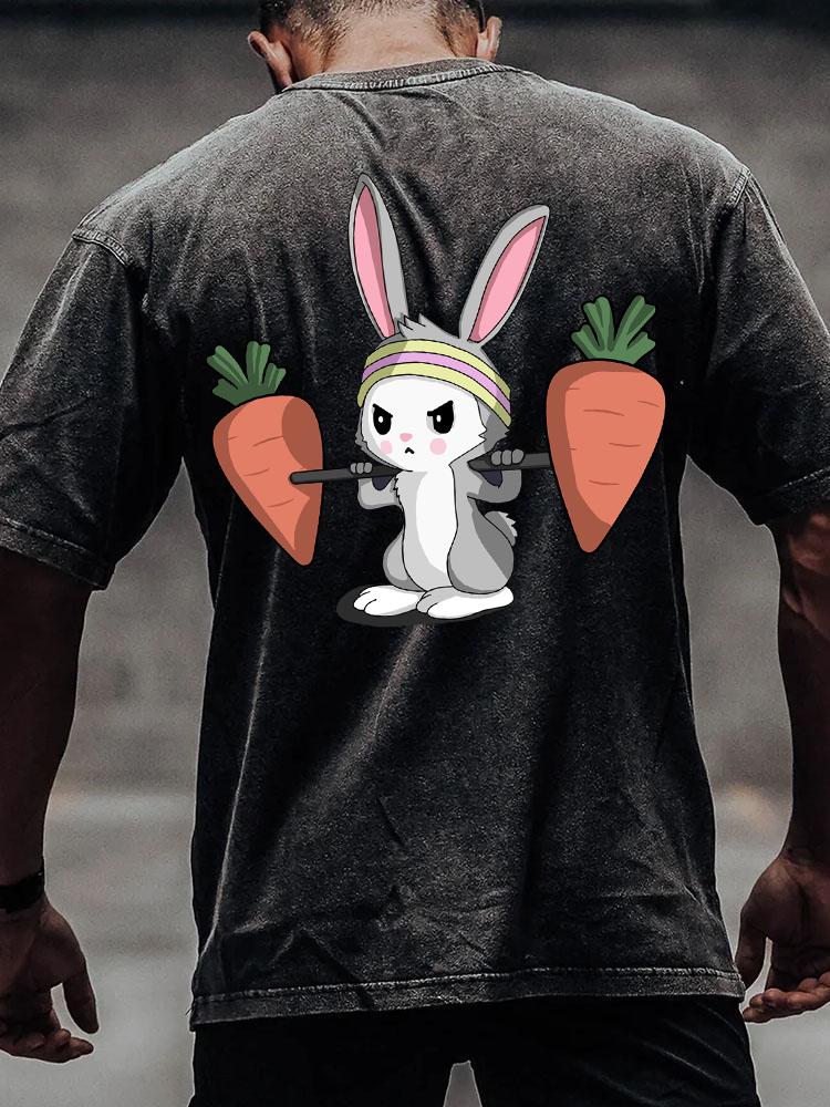 SQUAT RABBIT back printed Washed Gym Shirt