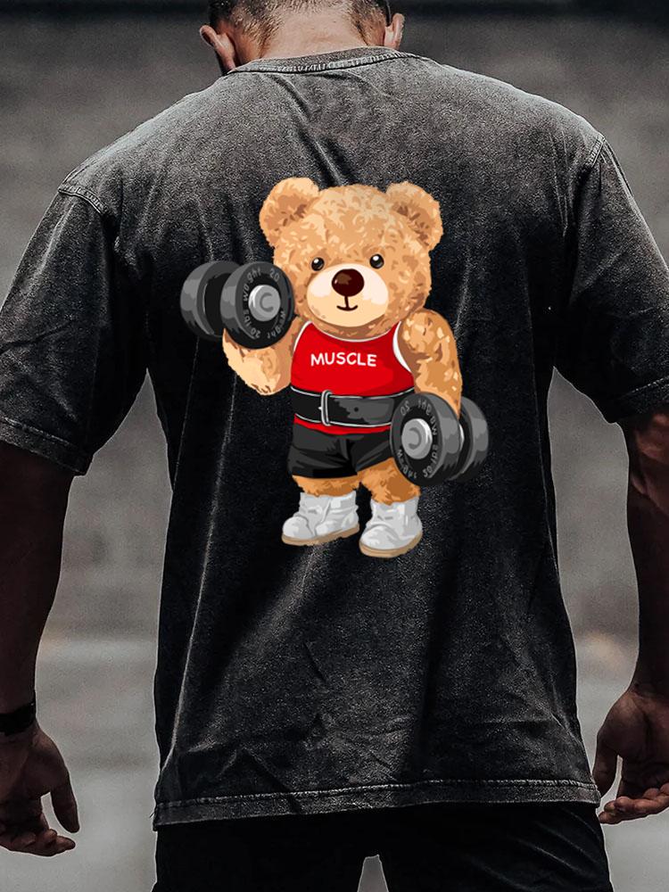 DUMBBELL WEIGHTLIFTING TOY BEAR back printed Washed Gym Shirt