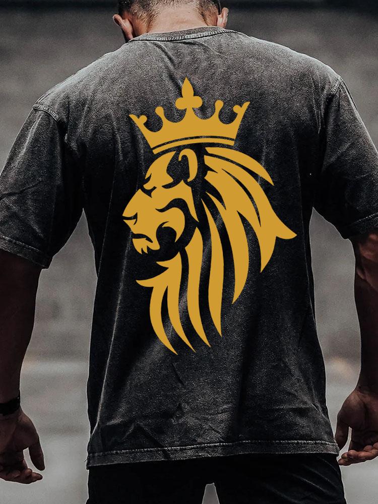 KING LION back printed Washed Gym Shirt