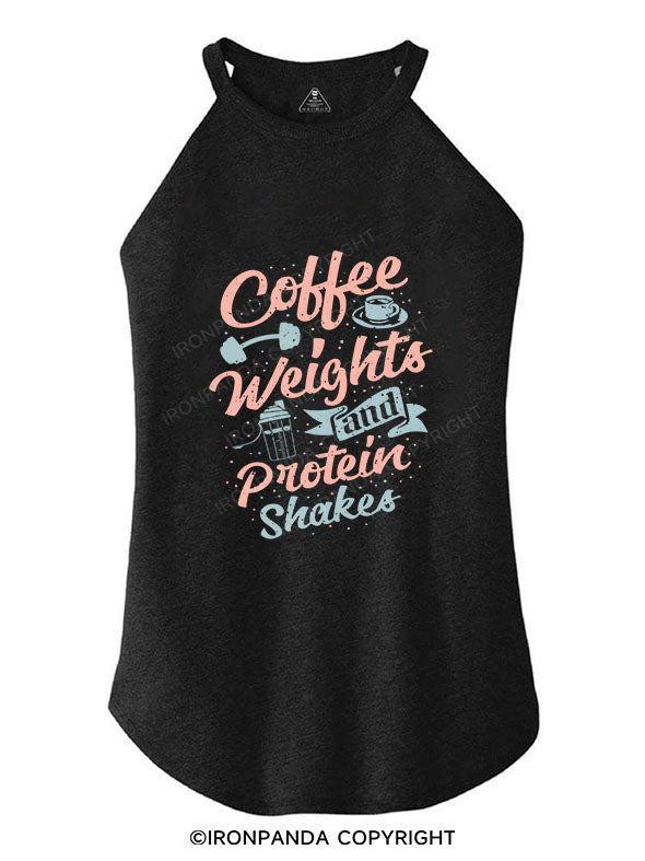 COFFEE WEIGHTS AND PROTEIN SHAKES TRI ROCKER COTTON TANK
