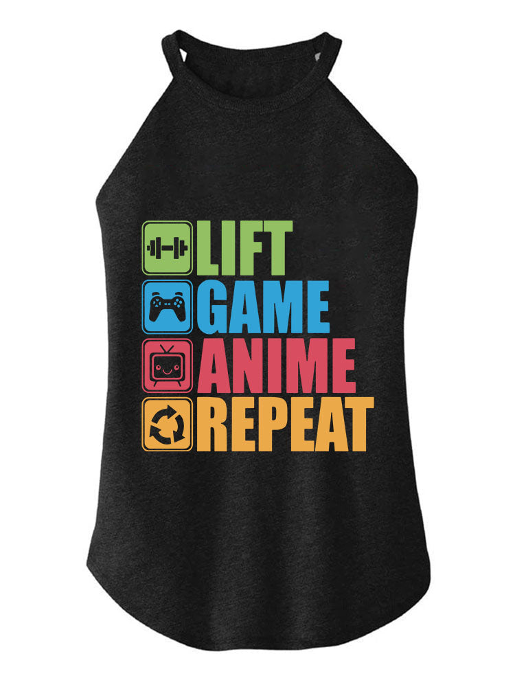 Lift, Game, Anime, Repeat TRI ROCKER COTTON TANK
