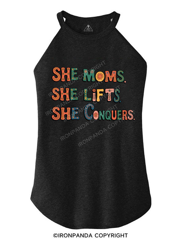 SHE MOMS. SHE LIFTS. SHE CONQUERS ROCKER COTTON TANK
