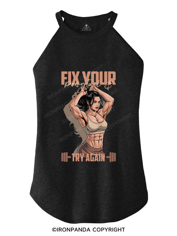 FIX YOUR PONYTAIL & TRY AGAIN TRI ROCKER COTTON TANK