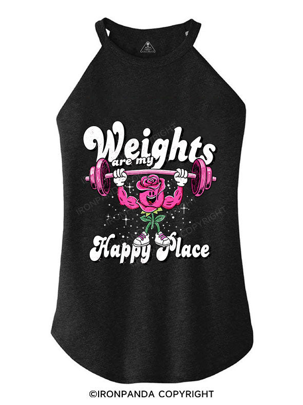 WEIGHTS ARE MY HAPPY PLACE TRI ROCKER COTTON TANK