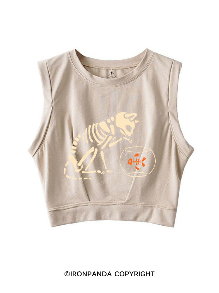 CAT AND FISH SKELETON SLEEVELESS CROP TOPS