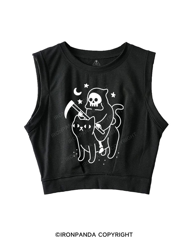 GRIM REAPER RIDING A CAT SLEEVELESS CROP TOPS