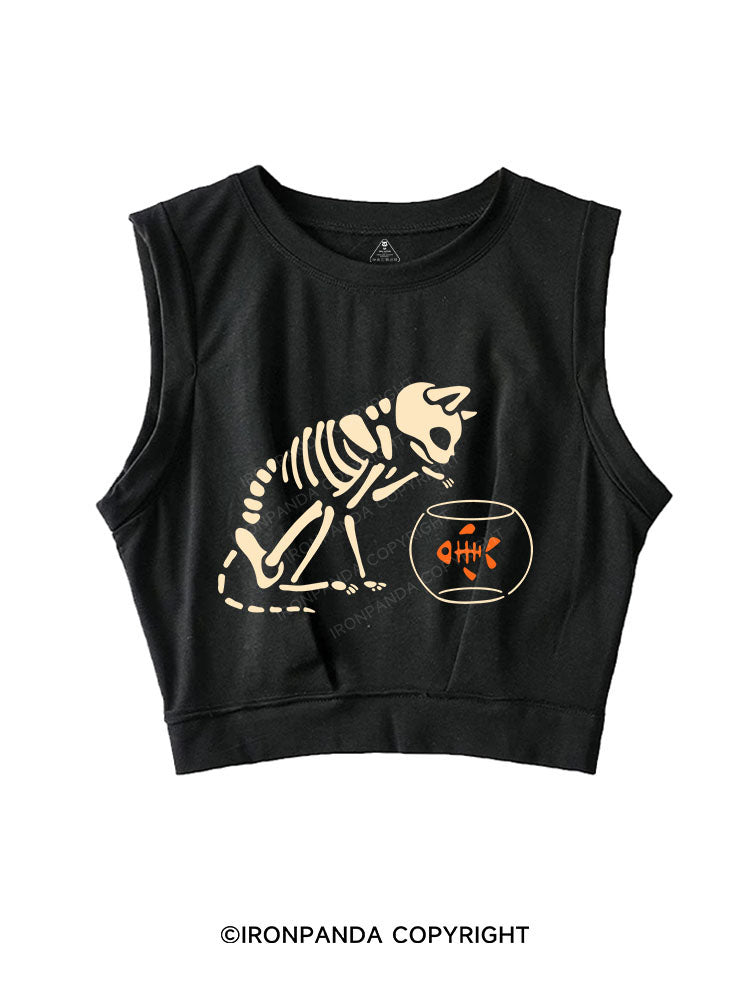 CAT AND FISH SKELETON SLEEVELESS CROP TOPS
