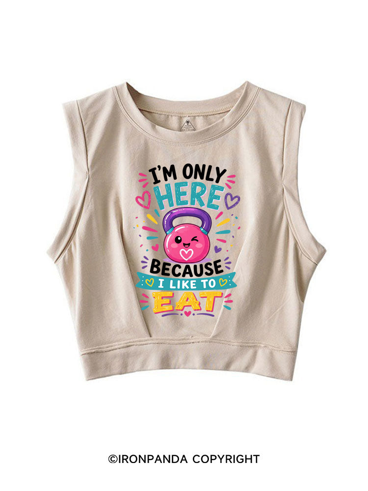 I'M ONLY HERE BECAUSE I LIKE TO EAT FUNNY GYM SLEEVELESS CROP TOPS