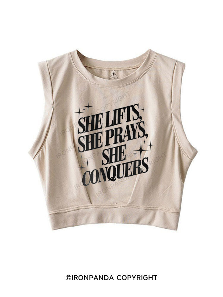 SHE LIFTS, SHE PRAYS, SHE CONQUERS SLEEVELESS CROP TOPS