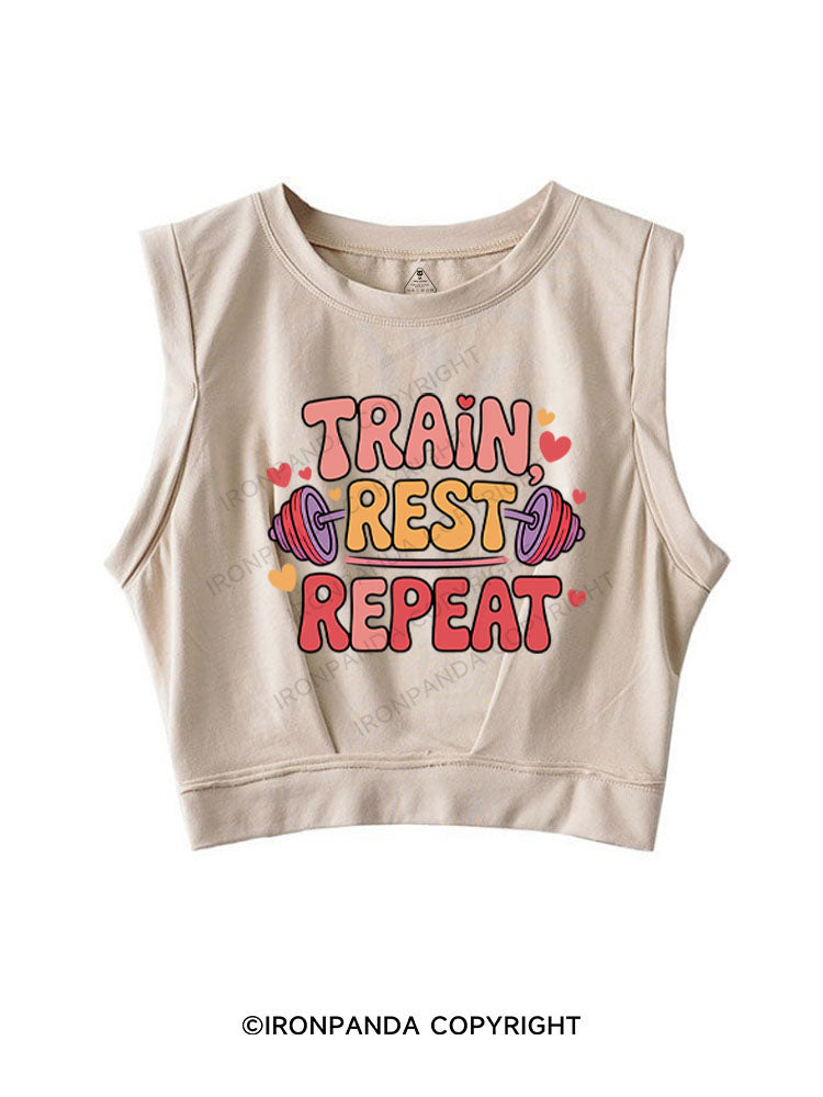 TRAIN, REST, REPEAT SLEEVELESS CROP TOPS