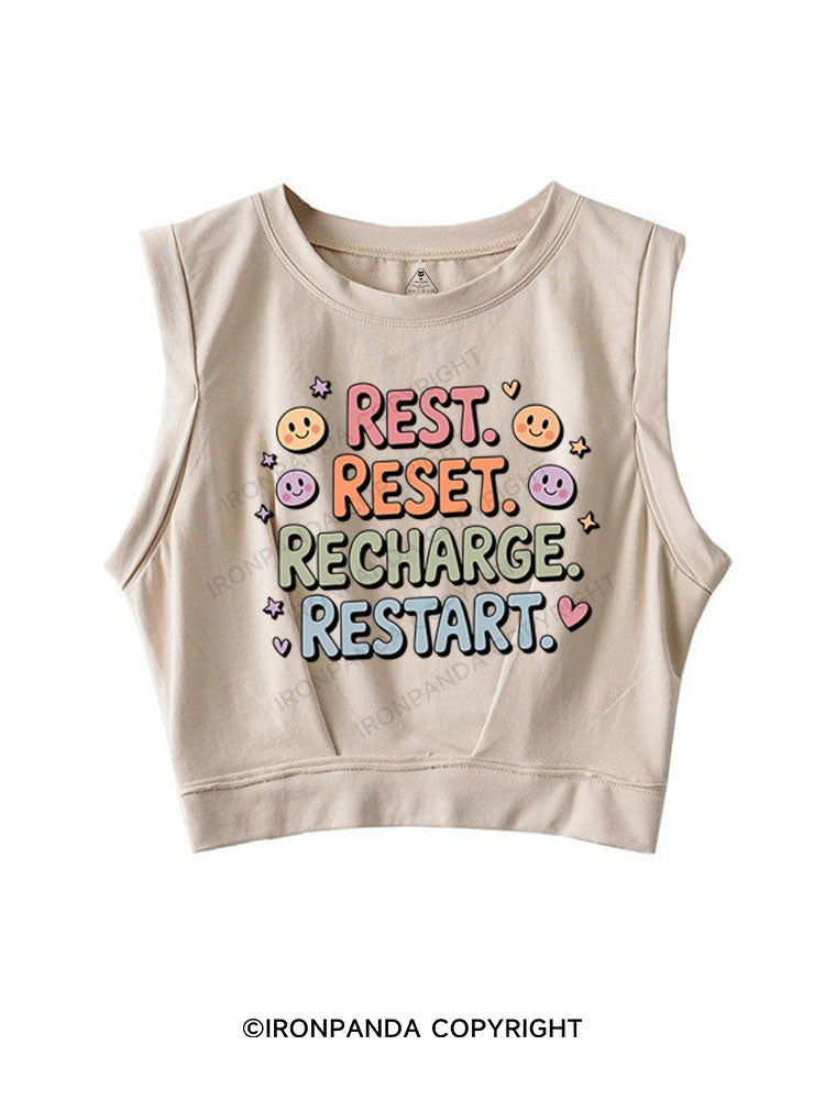 REST RESET RECHARGE RESTART SLEEVELESS CROP TOPS