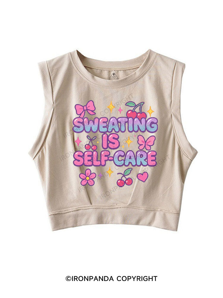 SWEATING IS SELF-CARE SLEEVELESS CROP TOPS