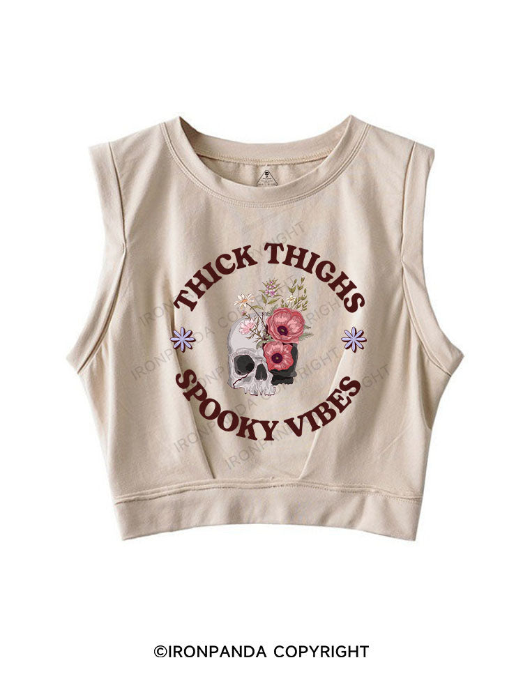 THICK THIGHS SPOOKY VIBES SLEEVELESS CROP TOPS