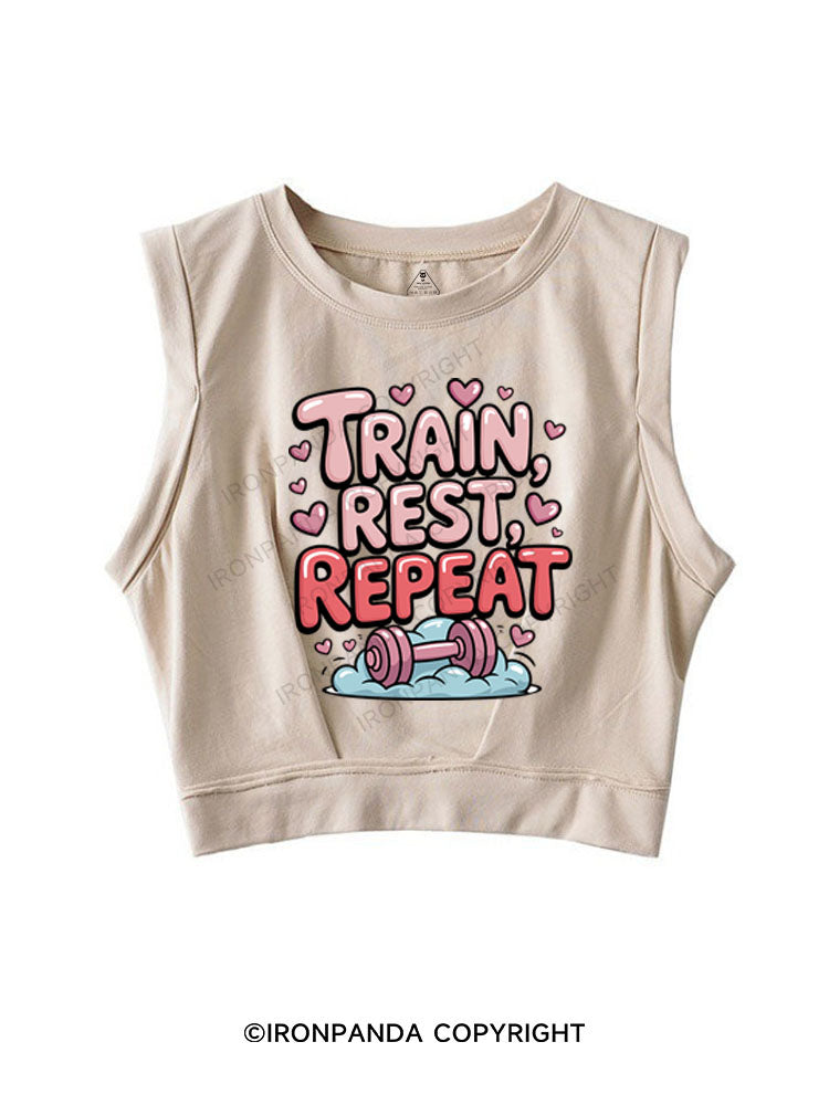 TRAIN, REST, REPEAT SLEEVELESS CROP TOPS