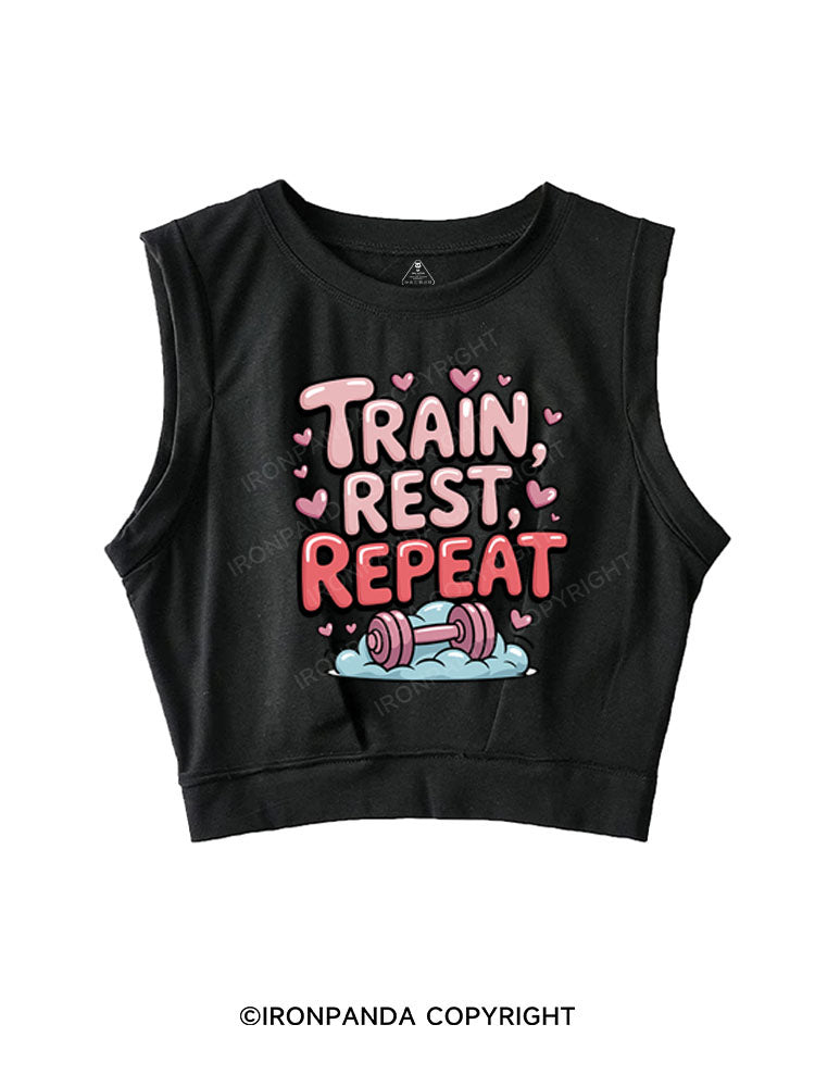 TRAIN, REST, REPEAT SLEEVELESS CROP TOPS