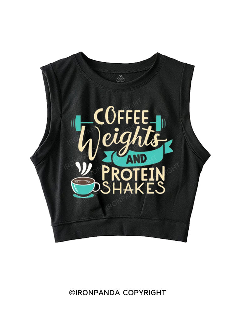 COFFEE WEIGHTS AND PROTEIN SHAKES SLEEVELESS CROP TOPS