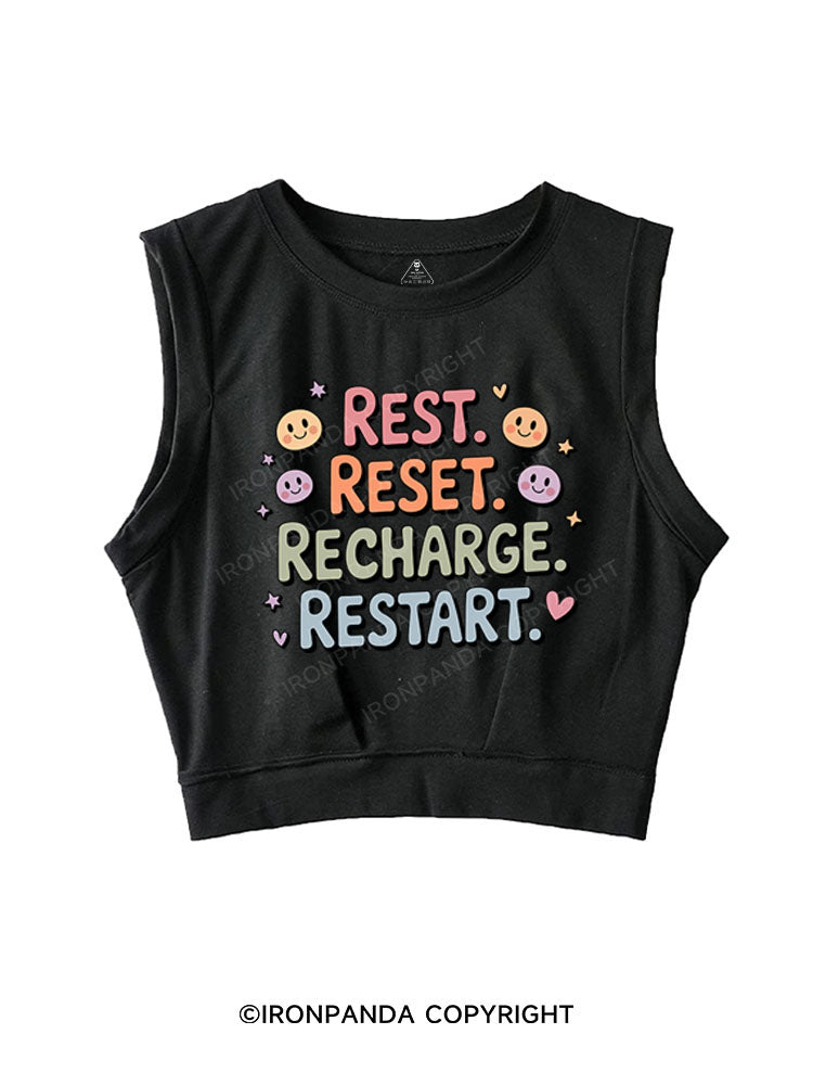 REST RESET RECHARGE RESTART SLEEVELESS CROP TOPS