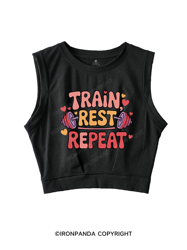 TRAIN, REST, REPEAT SLEEVELESS CROP TOPS