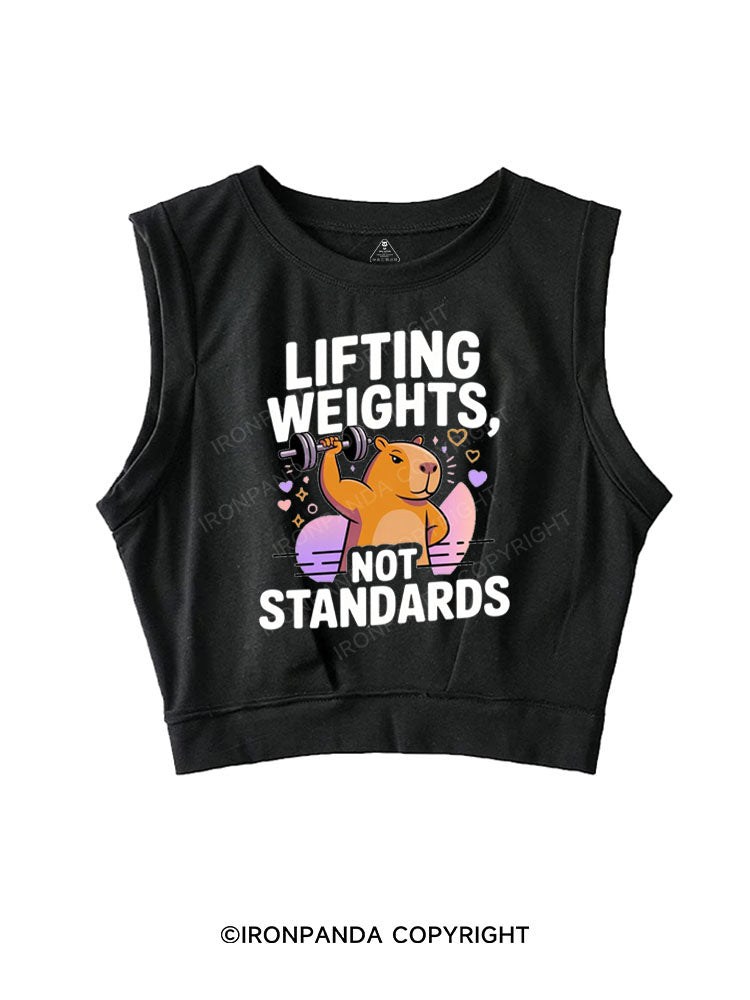 LIFTING WEIGHTS, NOT STANDARDS SLEEVELESS CROP TOPS