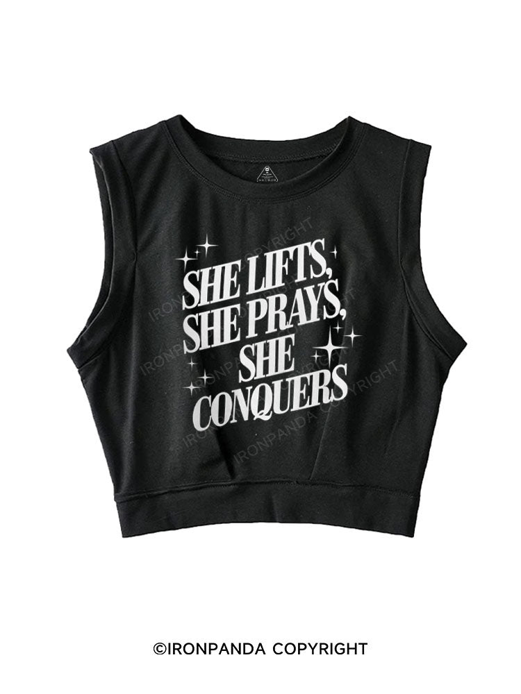 SHE LIFTS, SHE PRAYS, SHE CONQUERS SLEEVELESS CROP TOPS