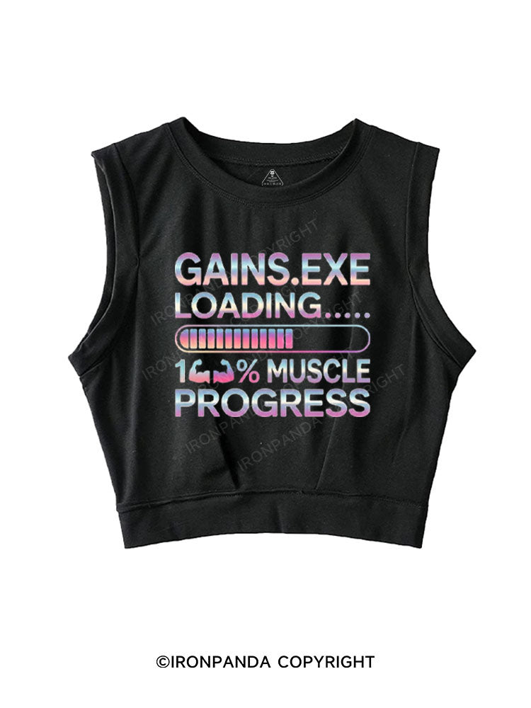 GAINS.EXE LOADING... 100% MUSCLE PROGRESS SLEEVELESS CROP TOPS