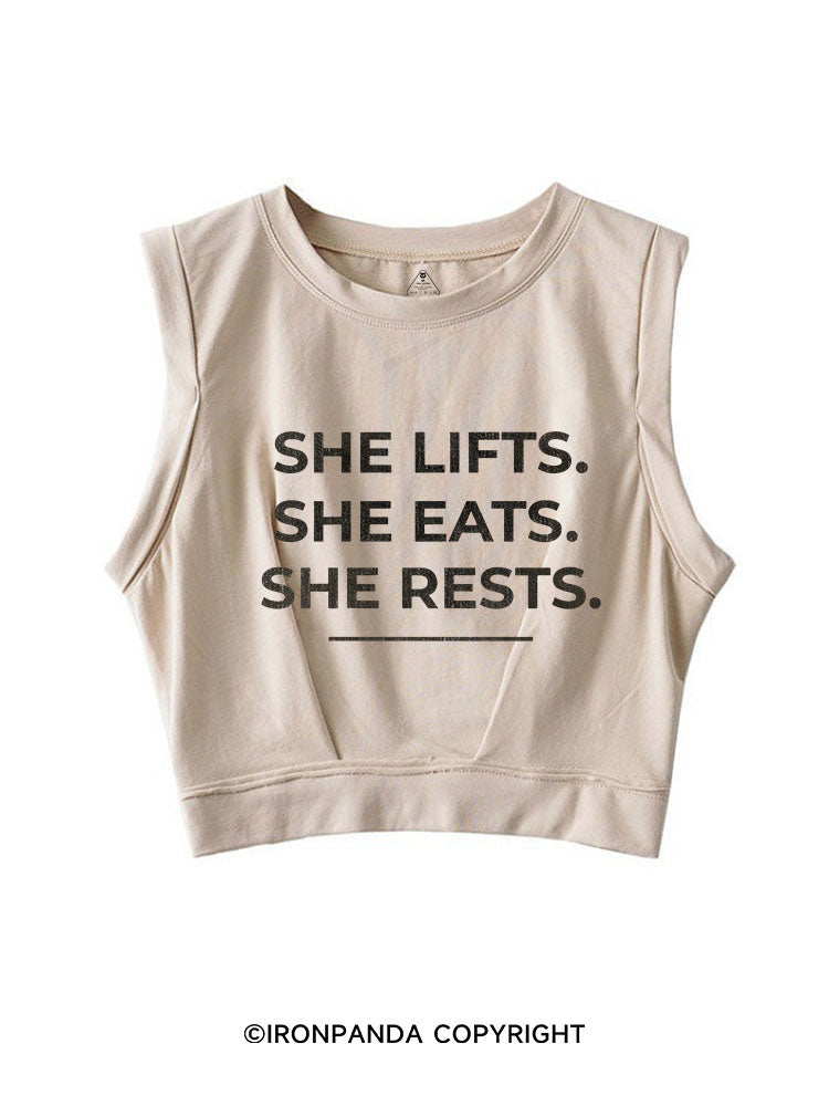 SHE LIFTS SHE EATS SHE RESTS SLEEVELESS CROP TOPS