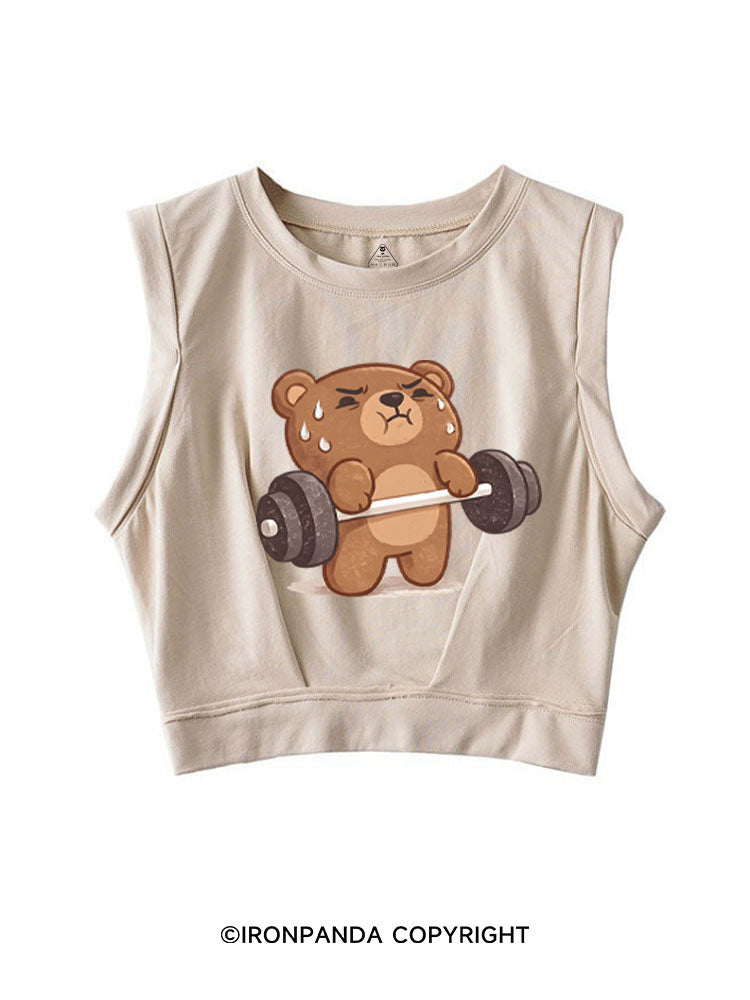 BEARY TIRED BUT BEARY STRONG SLEEVELESS CROP TOPS