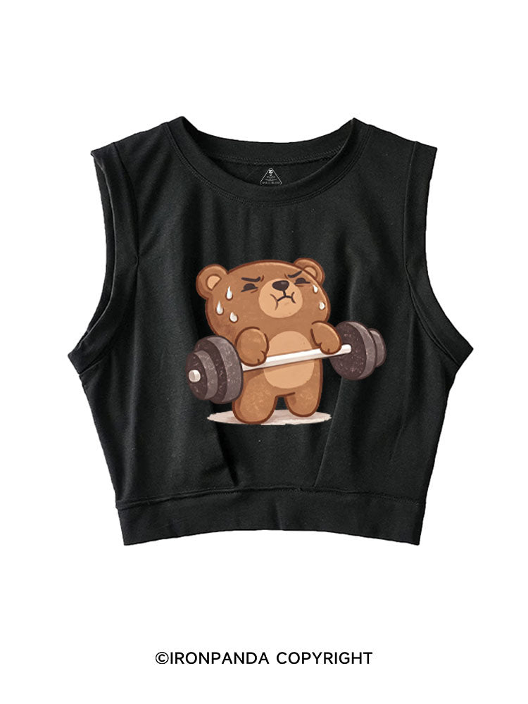BEARY TIRED BUT BEARY STRONG SLEEVELESS CROP TOPS