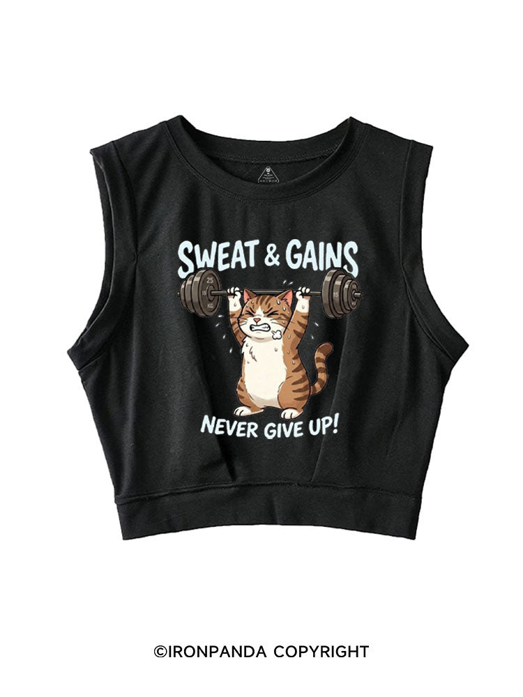 SWEAT & GAINS NEVER GIVE UP! TIRED CAT SLEEVELESS CROP TOPS