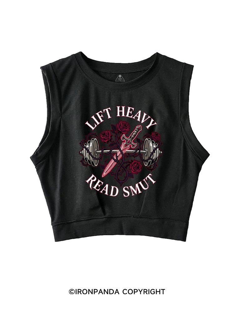 LIFT HEAVY READ SMUT SLEEVELESS CROP TOPS