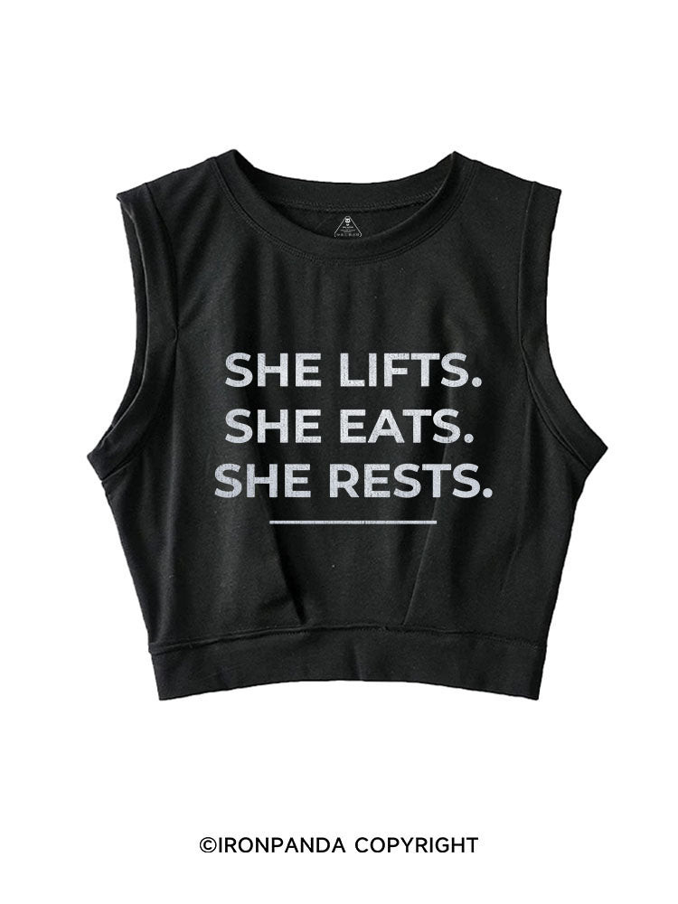 SHE LIFTS SHE EATS SHE RESTS SLEEVELESS CROP TOPS