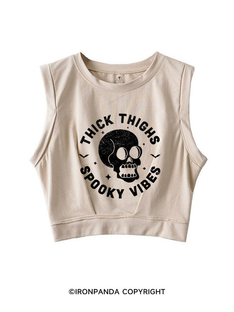 THICK THIGHS SPOOKY VIBES SLEEVELESS CROP TOPS