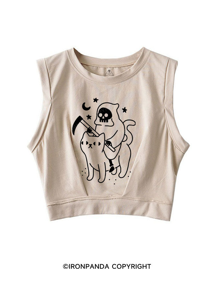 GRIM REAPER RIDING A CAT SLEEVELESS CROP TOPS